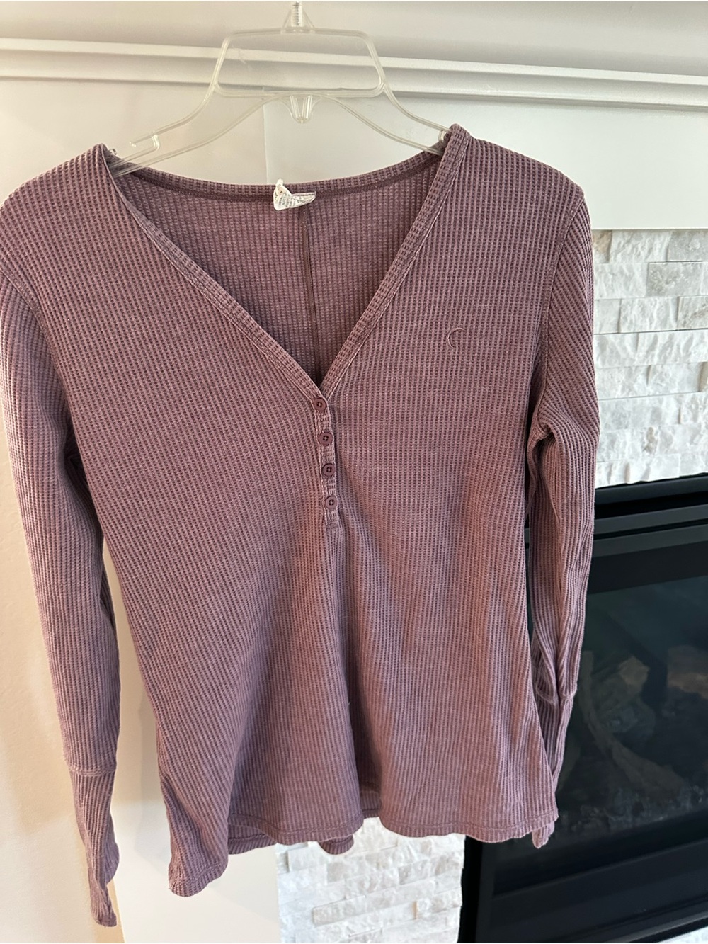 Zyia Waffle Knit Henley Long-Sleeve Top - Dusty Mauve size L
